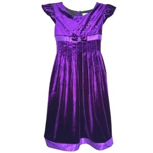 Girls Purple Velvet Dress w/ Sequins & Bow Formal Party Special Occasion Size 12